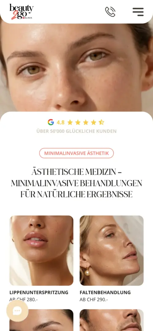 Beauty2Go-Klinikseite für minimalinvasive ästhetische Behandlungen